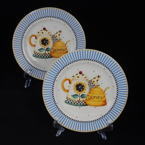 2 colorful salad plates. Sakura TEAPOTS 1998 Debbie MUMM stoneware - Picture 1 of 6